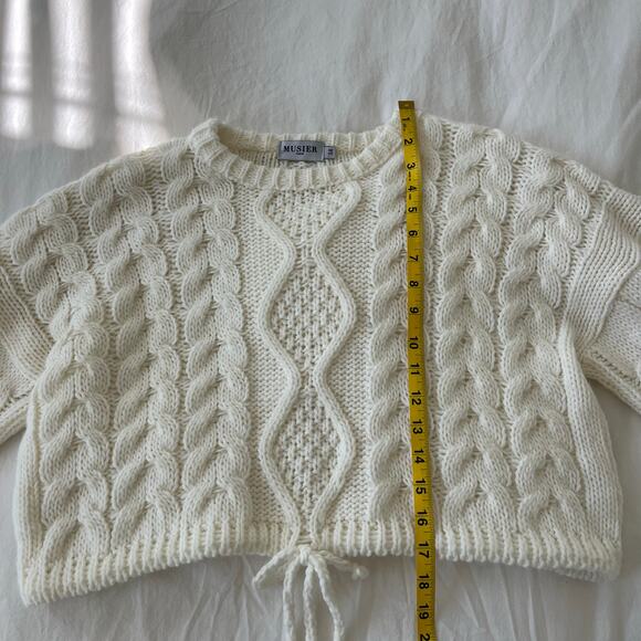 Musier Paris Vivian Ecru White Cableknit Front Tie Long Sleeve Crewneck Sweater - Picture 11 of 13